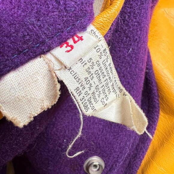 Vintage 80s Hunts Athletic Goods Varsity Letterman Jacket Purple Gold Wool Leath - Picture 10 of 12